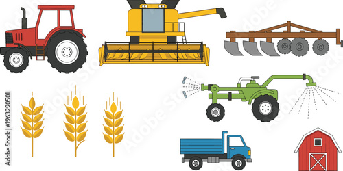 Colorful farming equipment illustration featuring tractor, combine harvester, plow, crop sprayer, dump truck, wheat stalks, and barn for agriculture and rural lifestyle artwork.