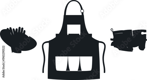 Gardening equipment silhouette set featuring apron with pockets, gloves, and boots for outdoor work, farming, and horticulture design artwork.