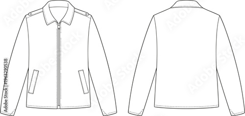 Black, white, jacket, front, back, view, mockup, fashion, apparel, zipper, collar, casual, long, sleeve, design, template, clothing, vector, outline