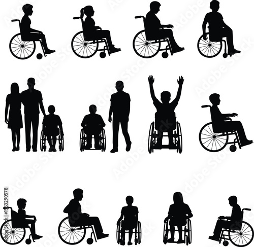 Black, silhouette, wheelchair, people, disabled, collection, set, icons, accessibility, mobility, patient, support, healthcare, diversity, inclusion, vector, illustration, isolated, design, concept