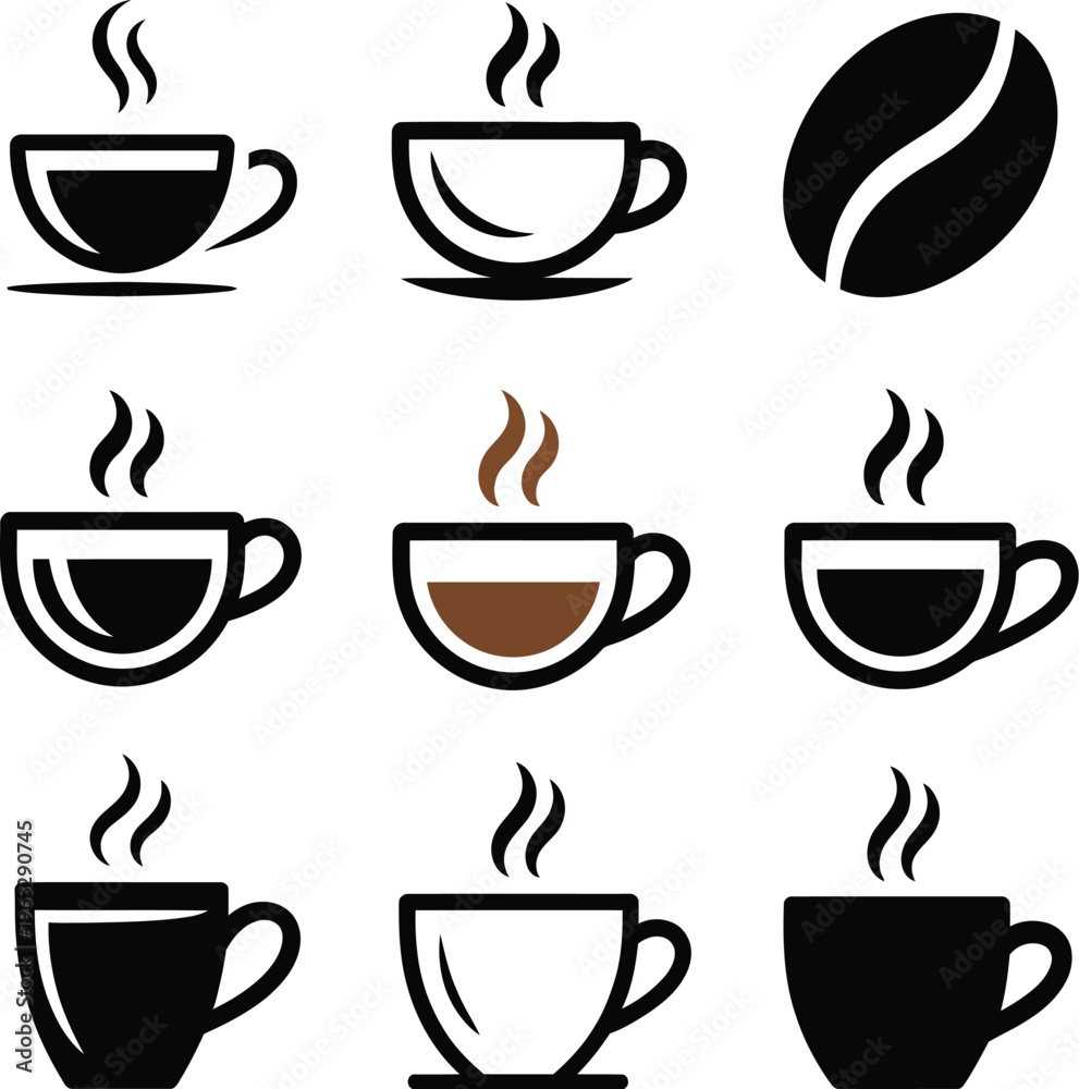 Obraz premium Collection of Coffee Cup Icons and a Coffee Bean vector