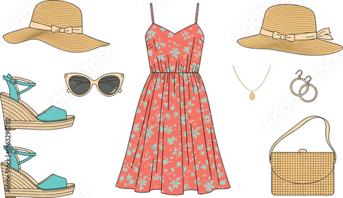 Stylish summer outfit flat lay featuring coral floral dress, straw hats, sunglasses, jewelry, handbag, and wedge sandals for fashion and lifestyle design.