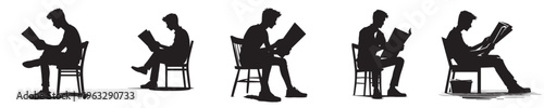 vector of young man reading newspaper in silhouette style