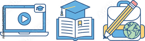 Stylized education icon set featuring laptop with play button, graduation cap, open book, pencil, backpack, and globe for online learning and academic design.