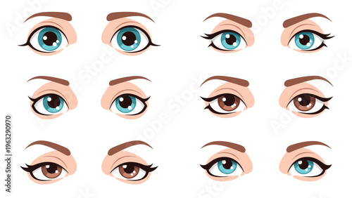 Collection of six pairs of stylized female eyes with different iris colors and makeup styles including blue and brown.