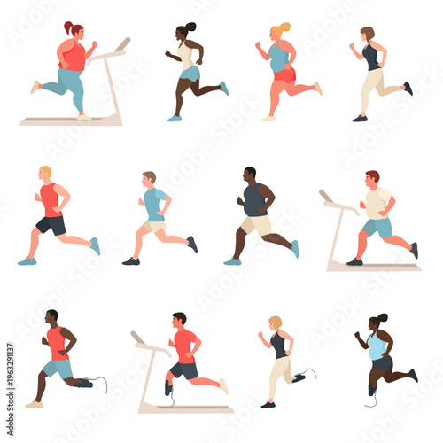 A set of people who run. Different people, of different races, people with prosthetic legs, people on a treadmill, doing sports.