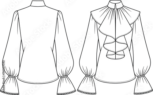 Blouse fashion sketch vector illustration, a versatile and elegant women's garment with long bishop sleeves, high collar, and front ruffles detail for a feminine look, technical drawing.