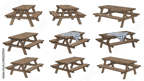 Group of nine wooden outdoor picnic tables shown from different perspectives with some featuring blue and white checkered tablecloths on top.