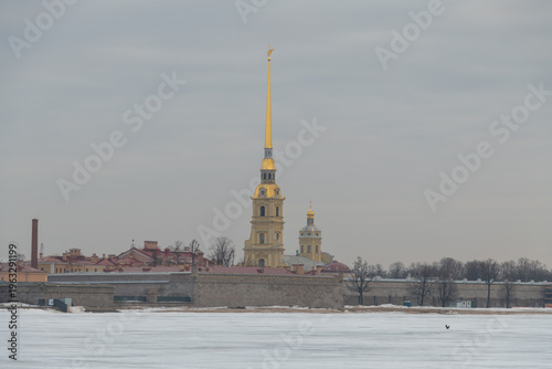 Snow blankets the ground near Peter and Paul Cathedral in Saint Petersburg