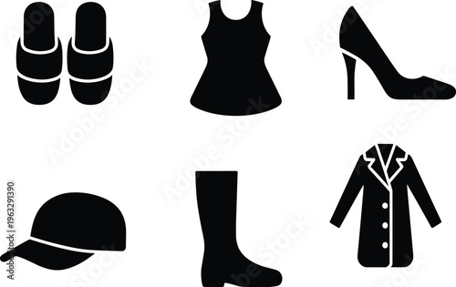Fashion and apparel icon set featuring footwear like slippers, high heels, and boots, along with clothing items such as a tank top, cap, and winter coat.