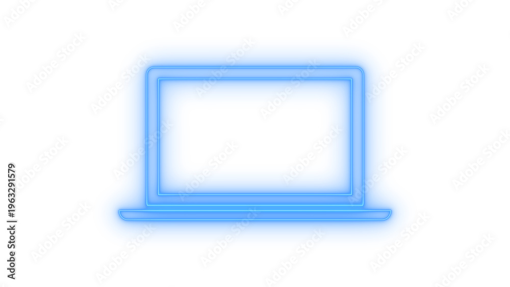 Fototapeta premium A vibrant blue neon laptop icon, sleekly outlined with glowing light, representing modern technology, communication, and digital work, isolated on transparent background.