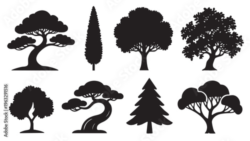 Collection of various black silhouette trees in different shapes and sizes.