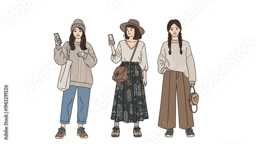 Three stylish young women wearing fashionable autumn clothing such as sweaters and hats while holding smartphones and posing on a white background.