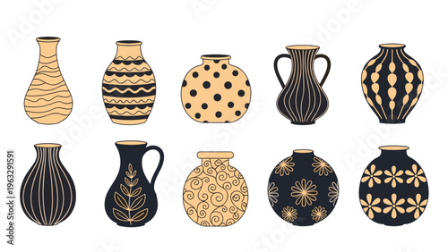 Set of ten uniquely designed ceramic vases and pots featuring a variety of artistic patterns like stripes, polka dots, waves, and floral motifs.