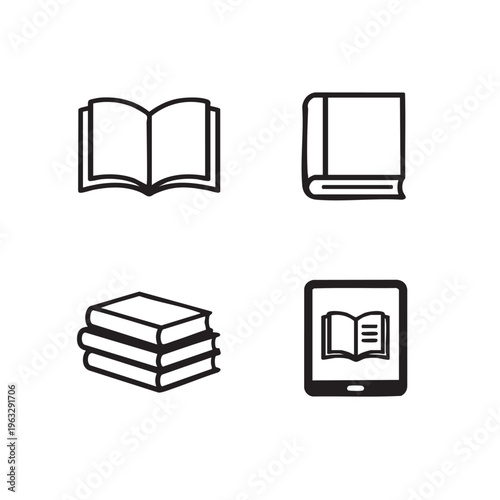 Educational book icons set with open book stack and e-reader silhouette for library and study concept.