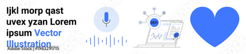 Voice recognition, digital marketing, SEO analytics, technology, human connection, online communication. Microphone icon, a laptop with analytics and a heart symbol. Voice recognition and digital