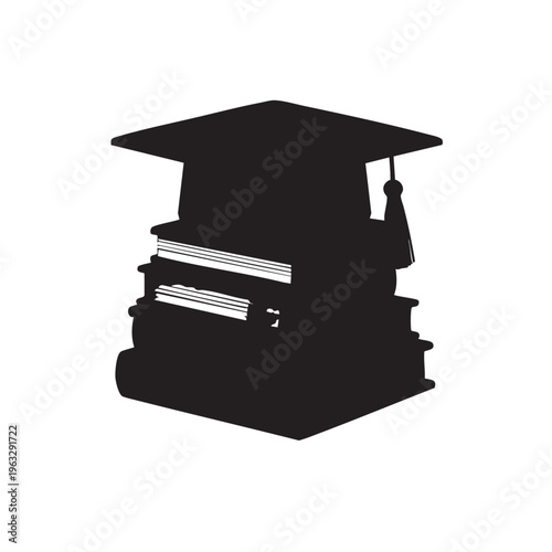 Graduation cap on stack of books silhouette for academic achievement and university success concept.