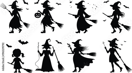 Halloween witch silhouette illustration, flying broomstick figures with bats, spooky festive theme, vector art collection, black isolated bold design for seasonal decoration and iconography