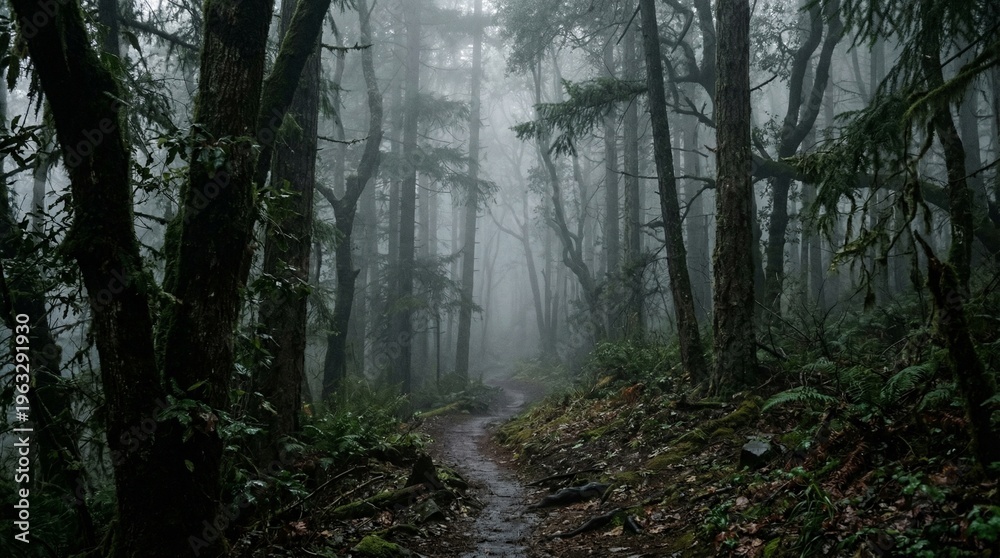 Obraz premium Misty forest with dense fog and mysterious atmosphere