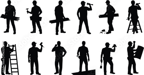 Construction worker silhouettes vector set with tools hammer ladder planks building isolated black figures illustration collection industrial labor concept