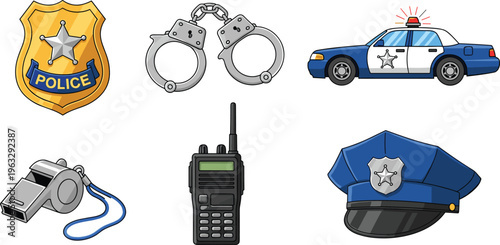 Police, law enforcement, badge, handcuffs, patrol car, siren, whistle, radio, walkie talkie, cap, uniform, security, authority, emergency, service, protection, crime, justice, officer, equipment