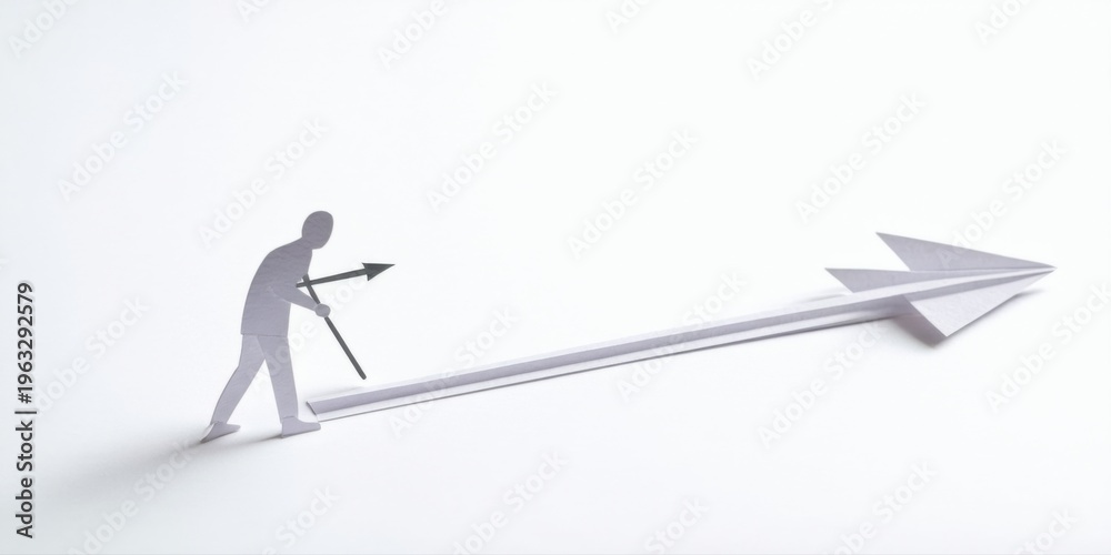 Fototapeta premium Paper figure pulls arrow forward. Minimalist concept, ambition, progress, determination shown. Simple studio shot, stark contrast.