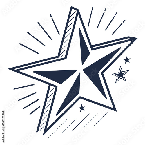 Monochrome three dimensional star with radiating lines, presenting a strong visual impact with additional small stars