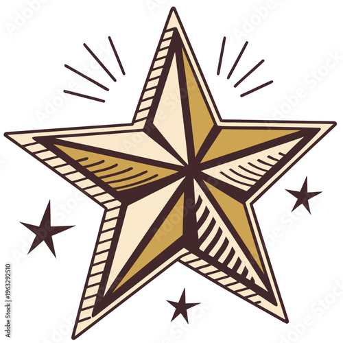 Retro vintage star illustration with radiating light lines and smaller star accents, abstract decorative graphic element for design and art