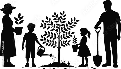 Family gardening silhouettes vector with parents children planting tree watering plants isolated black figures illustration collection nature activity concept