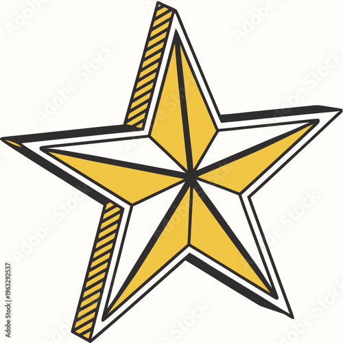 Bold yellow five-pointed star with 3d dimension and shaded facets, graphic design element with crisp outlines and striking visual appeal