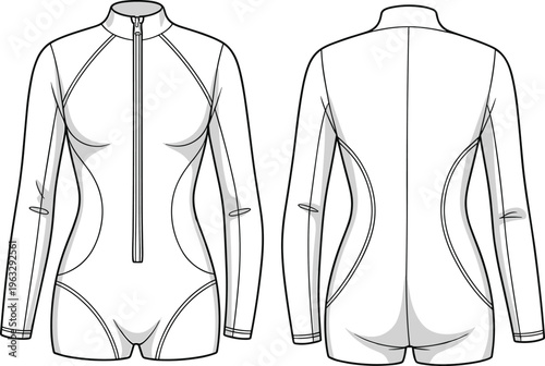 Flat lay technical sketch of a long-sleeved one-piece swimsuit, with a front zipper and stylish curved panel seams, ideal for active women.