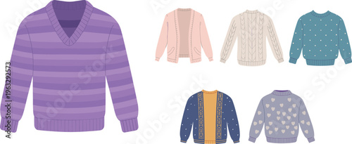 Colorful knitted sweaters collection, winter clothing vector illustration set, cozy pullover cardigan apparel design, fashion knitwear icons isolated on white background