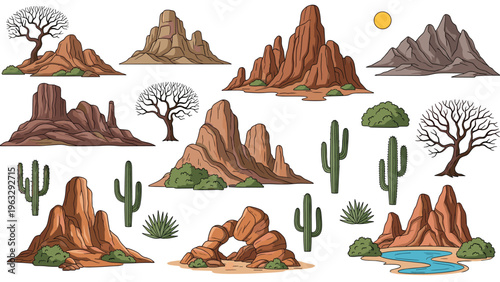 Detailed collection of desert landscape elements including red rock formations, mesas, various cacti, dry trees, a small pond, and a bright sun.