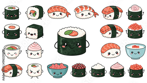 Big set of adorable sushi characters with happy faces including nigiri, maki rolls, bowls of rice, and ginger on a plain white background.