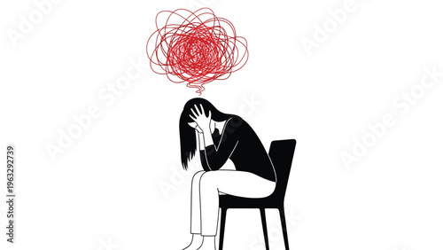 Minimalist illustration of a person sitting alone on a chair with their head in their hands beneath a tangled red cloud of anxious thoughts.