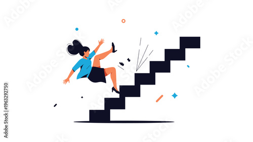 Dynamic flat design illustration of a woman in a blue shirt and black skirt losing her footing and falling backward down a set of dark stairs.