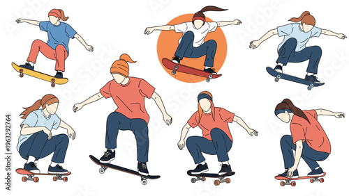 Set of eight young people performing various skateboarding tricks and jumps shown in different active poses against a plain white background.