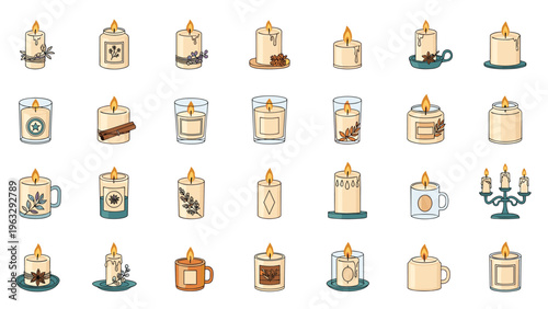 Extensive collection of twenty-eight different scented candles in various glass jars, mugs, and containers decorated with botanical elements.