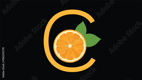 Creative logo design featuring a bright orange fruit slice with two green leaves placed inside a large yellow letter C on a black background.
