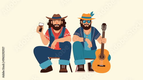 Two smiling men dressed in colorful bohemian style outfits sitting together with one holding an acoustic guitar and a drink.