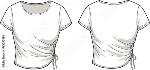 Front and back view of a white, women's short-sleeve crop top with adjustable ruched side detailing, a must-have fashion piece.