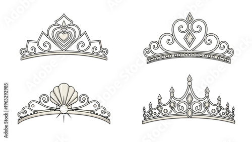 Collection of four elegant silver tiaras and crowns with intricate designs, heart shapes, pearls, and sparkling gemstones.