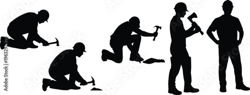 Construction worker silhouettes vector set with hammer tools kneeling working poses isolated black figures illustration collection industrial labor concept