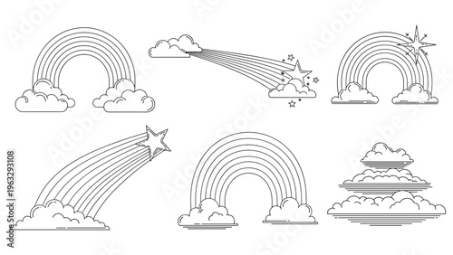 Set of whimsical rainbow and cloud line art illustrations featuring shooting stars and sparkling elements.