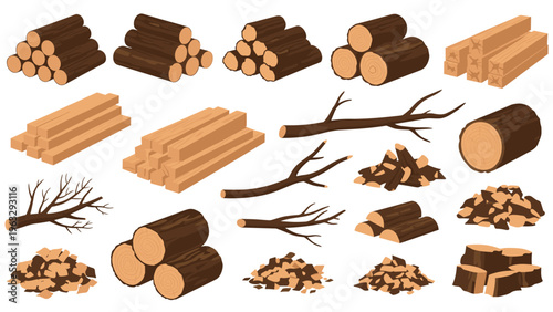 Large collection of various wood icons including logs, timber planks, firewood piles, branches, and wood chips.