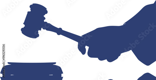 Judge gavel silhouette in hand, dark blue law and justice icon, legal auction hammer vector, courtroom authority and trial concept