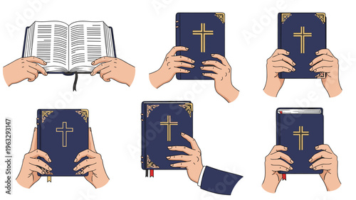 Set of illustrations showing human hands holding and reading the Holy Bible in various positions and perspectives.