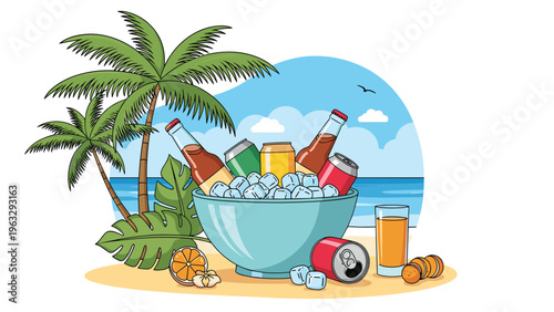 Refreshing drinks including bottles and cans kept cold in a large bowl of ice on a tropical beach with palm trees.