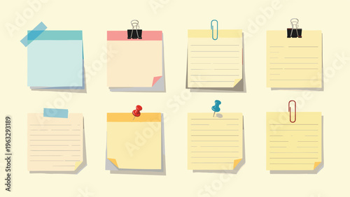 Set of various colorful sticky notes and memo pads attached with binder clips, paper clips, and push pins.