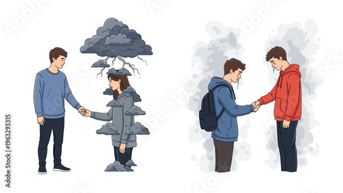 Two emotional illustrations showing friends comforting each other while surrounded by rain clouds and gloomy smoke.